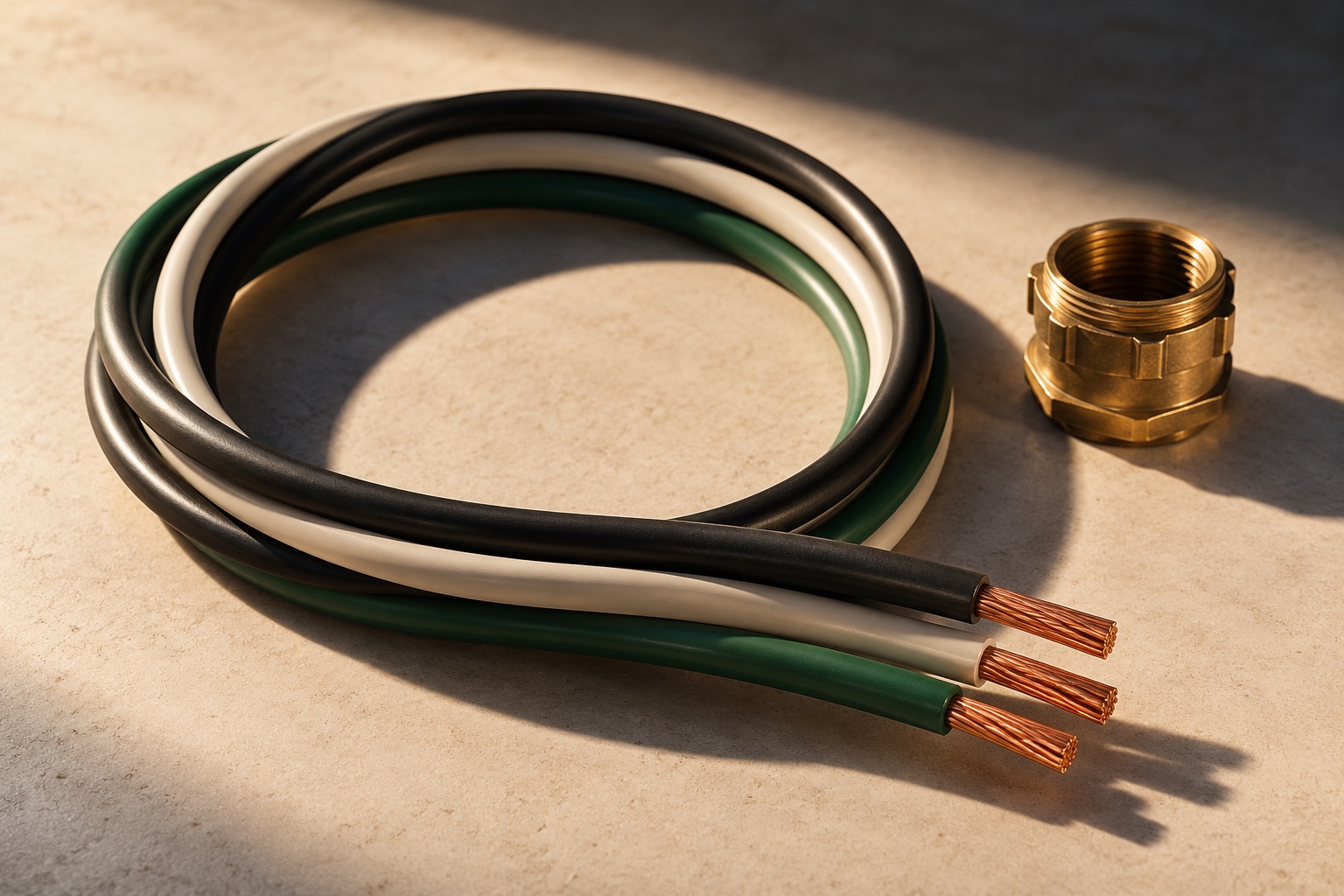 Illustrative still life of insulated cable, copper ends and a brass fitting